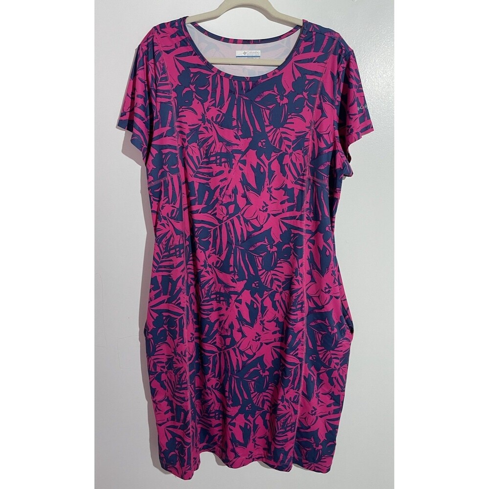 Columbia Pink & Navy Tropical-Print Midi Dress